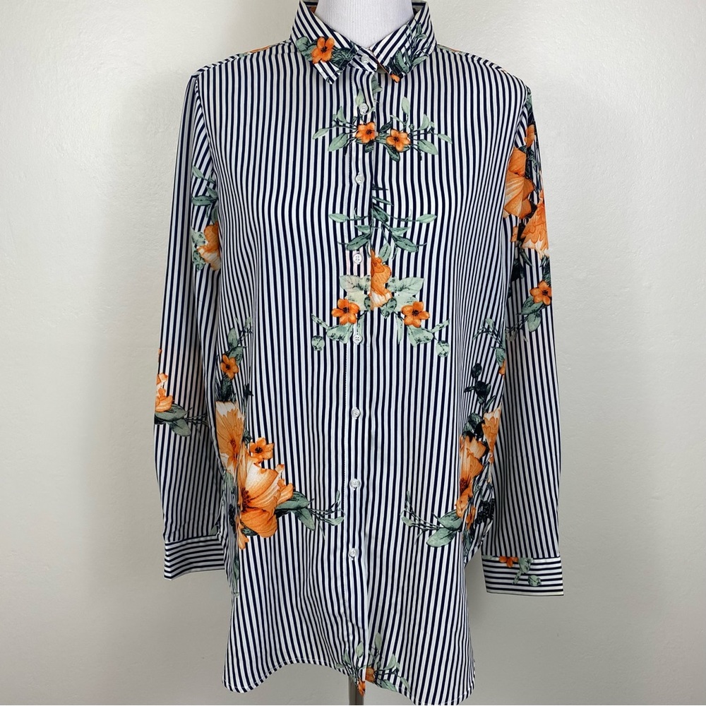 Grifflin Paris Striped Floral Tunic Button-down Shirt